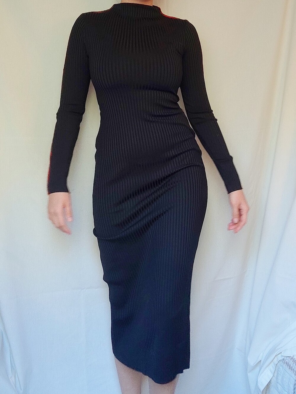 Zara Black Long Sleeved Ribbed Bodycon Dress with Red Edges